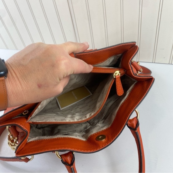 Michael Kors Hamilton Orange Pebble Leather Gold Chain Satchel Shoulder BagPurse - Picture 16 of 16